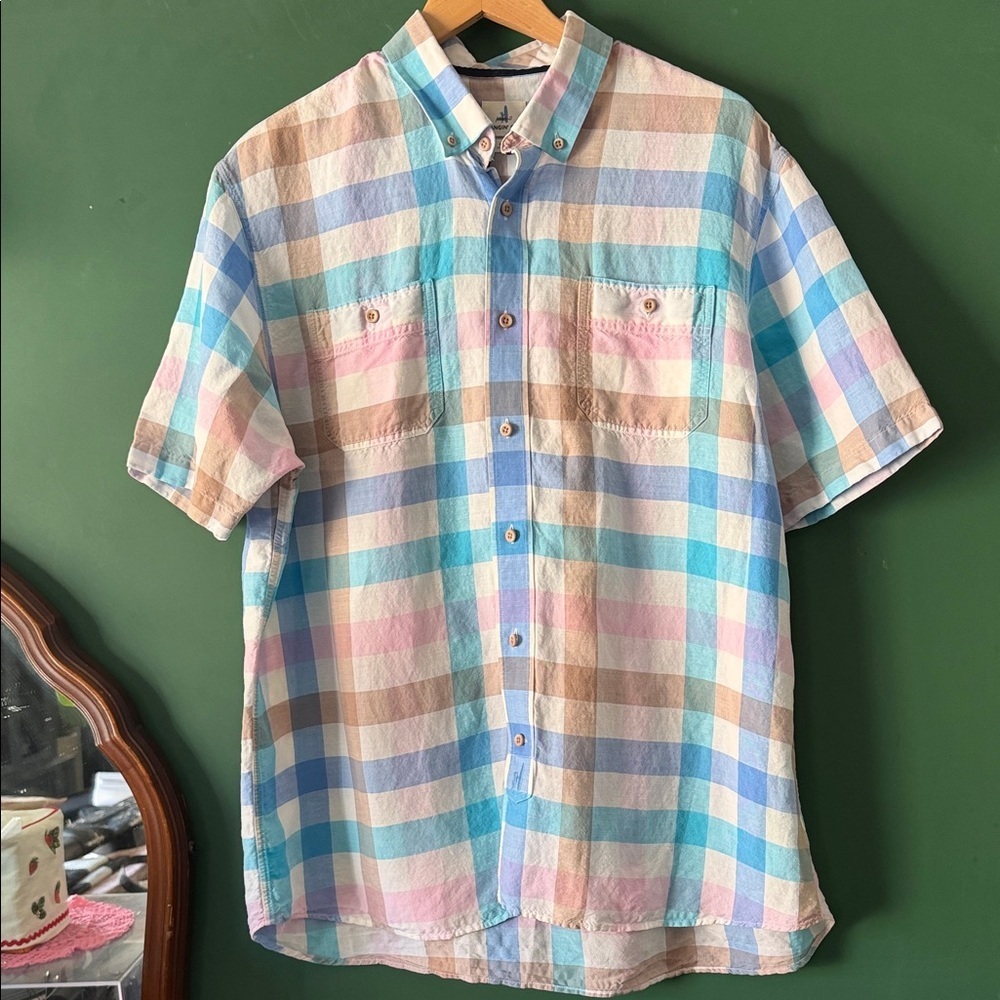 johnnie-O Pastel Plaid Linen Blend Mens XL Short Sleeve Button Down Summer Beach